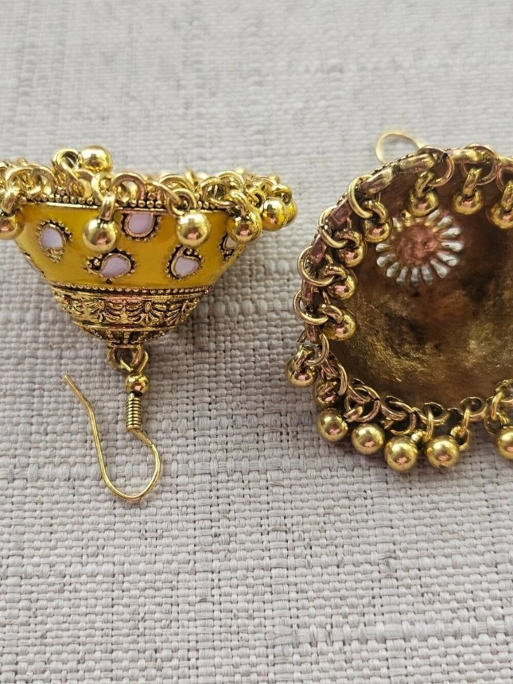 Jhumka Earrings Yellow Enamel Gold Tone Fashion Ear Jewelry Chandelier Earrings - Picture 5 of 11